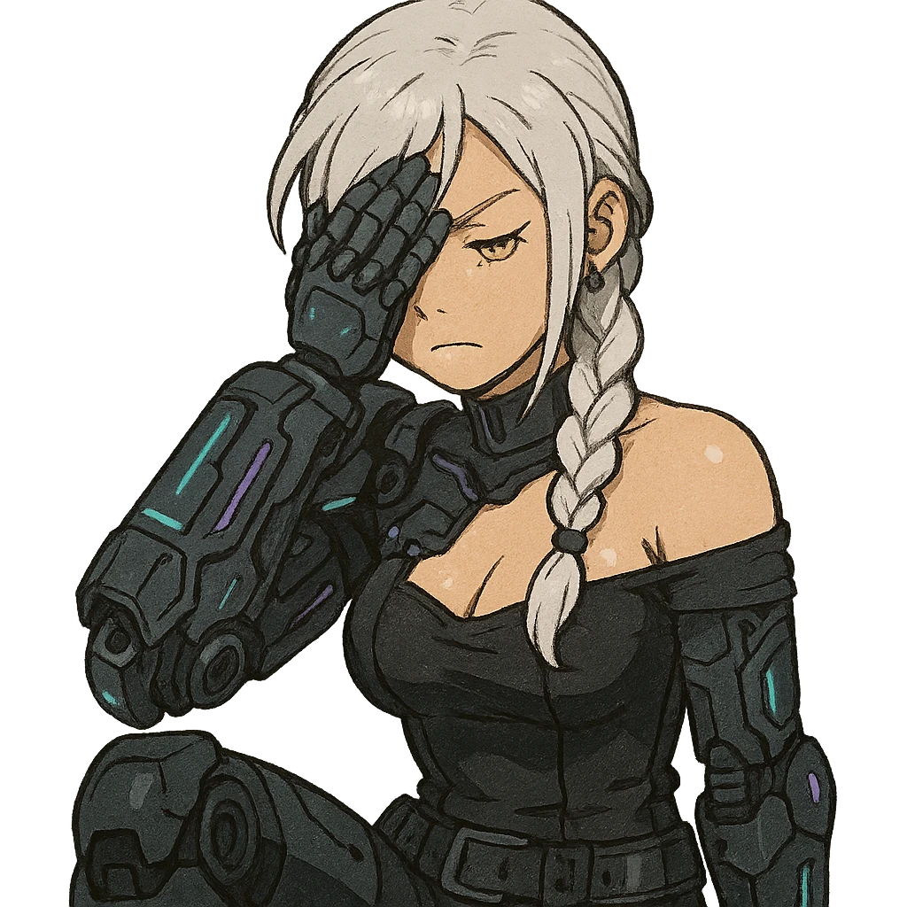  she is wearing armor, maximum power , facepalm smh, a closeup portrait of young woman with gold yellow eyes, white hair, long braid, black off-shoulder top d-cup, punk gothic style, futuristic cyberwave cyberpunk, sitting position emoji