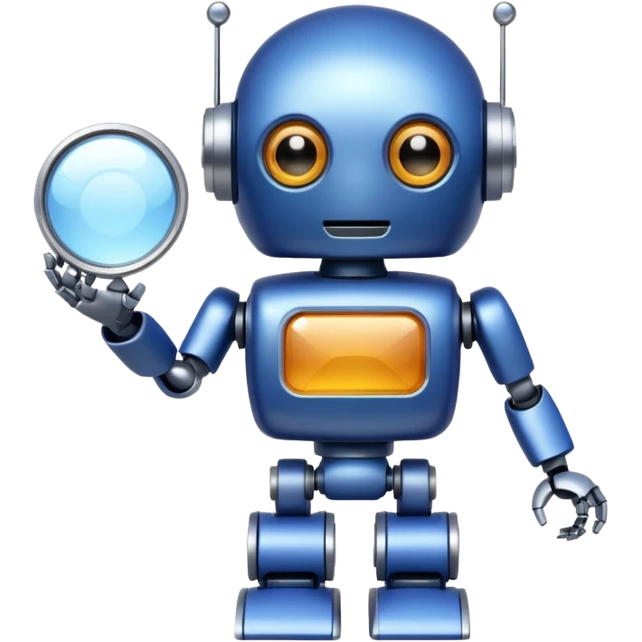 A little robot with a looking glass in indigo-500 emoji