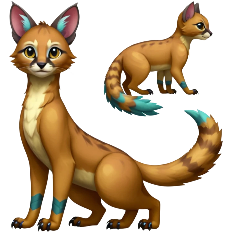 Colorful dark tropical exotic cute cool beautiful shiny beautiful fantasy-caracal-civet-genet-sergal-vernid-Gryphon-Cacomistle-Trico-oncilla-animal-Fakémon-hybrid-fursona (full body) emoji