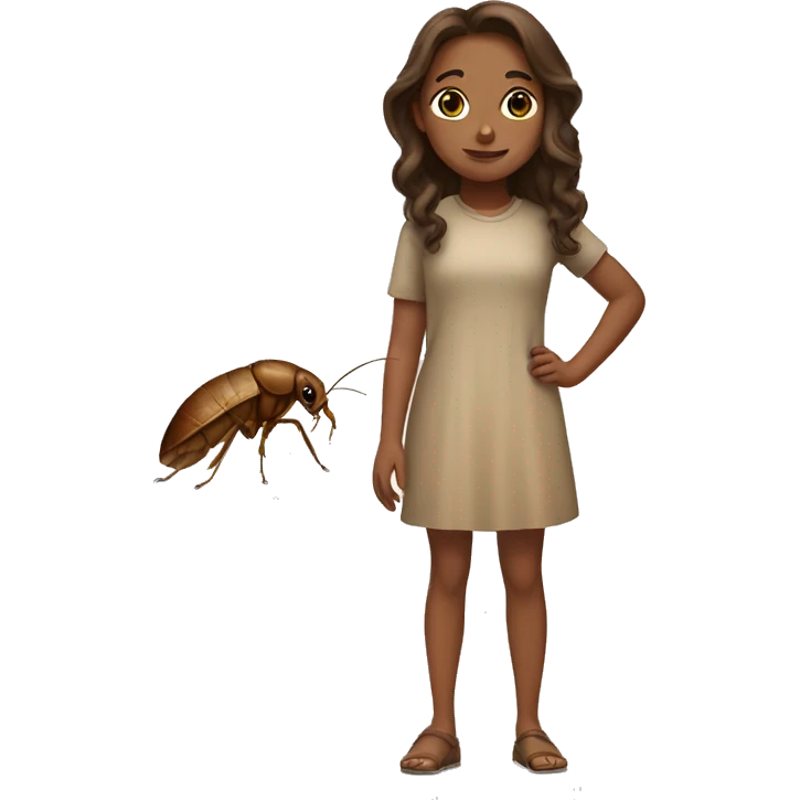 a tan brown haired girl standing next to a roach  emoji