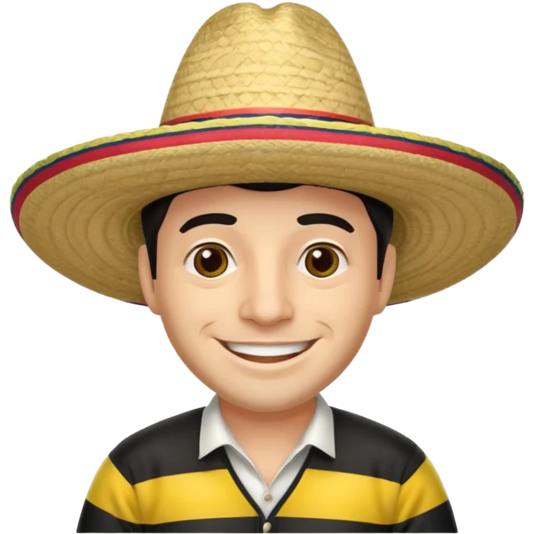 A happy fair skinned Colombian man wearing a Colombian sombrero that has black horizontal stripes emoji