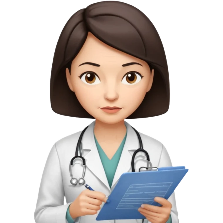 A female doctor in her 50s with visible facial wrinkles, dark brown short bob hair, her body turned slightly at an angle, with her gaze clearly directed downward and fixed on the medical chart she is reviewing. emoji