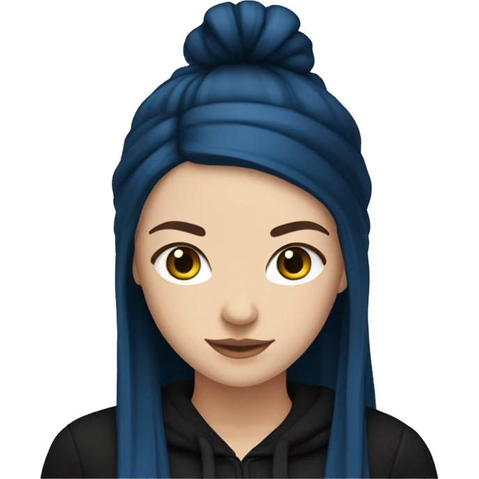 white girl with long straight dark blue hair wearing black hoodie emoji