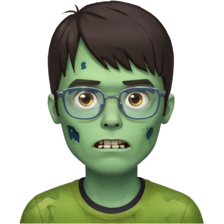 an emoji of a male green zombie with dark brown hair and female bangs that cover your entire forehead and extend to your eyebrows, wearing square, bluish glasses. emoji