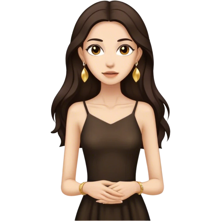 Beautiful skinny woman long dark brown hair in dark dress with gold earrings emoji