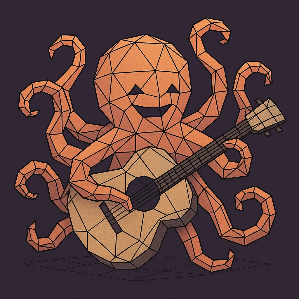 happy octopus with multiple arms playing guitar emoji