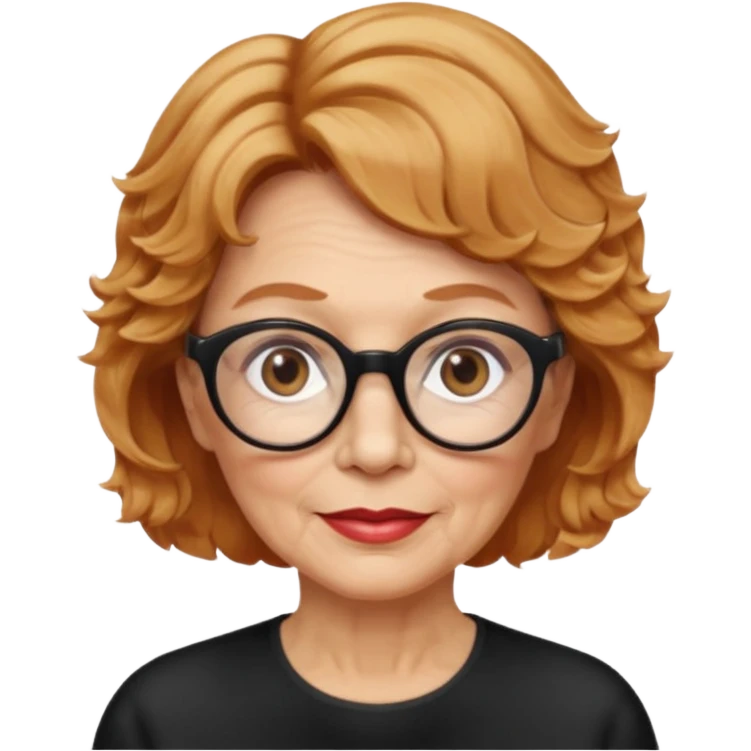 woman 70 years old, very short strawberry blonde weavy hair, brown eyes and round dark glasses emoji