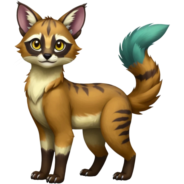 Colorful dark tropical exotic cute cool beautiful shiny beautiful fantasy-caracal-civet-genet-sergal-vernid-Gryphon-Cacomistle-Trico-oncilla-animal-Fakémon-hybrid-fursona (full body) emoji