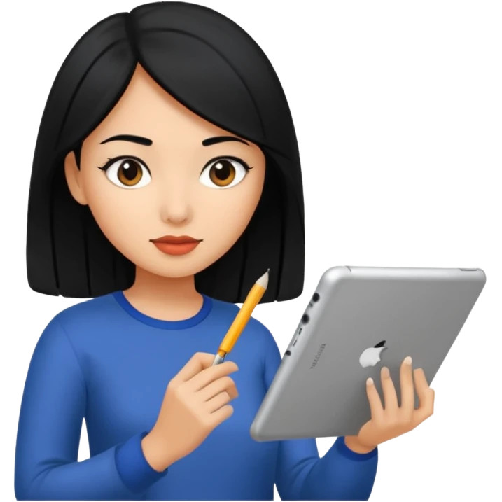 girl web designer with black hair writing on ipad emoji