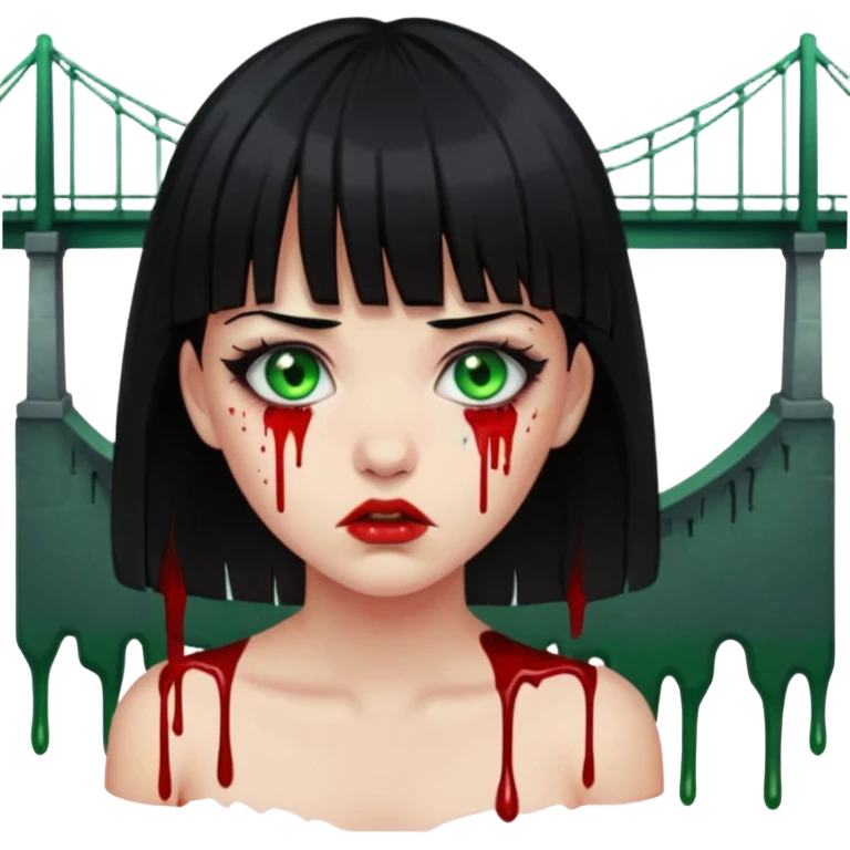 Guria com cabelo preto franjinha sangrando olhos verdes  fundo preto e um piercing bridgepiercing emoji