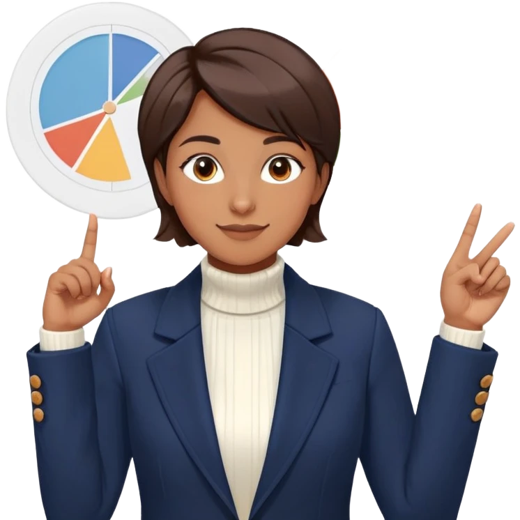 Gender: Non-binary Hair: Short layered cut (ear-length), dark brown Face: Almond-shaped eyes with subtle eyeliner, bright smile Clothes: Navy blazer over white turtleneck Action: Pointing at pie chart on projector emoji