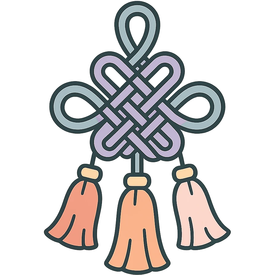 Chinese happiness knot with three tassels, icon-color-outlined style, detailed shadows and highlights, thin clean outlines, soft rounded shapes, pastel palette #98B5BC, #B5B3C1, #C9A3C9, #E4C0CA, #F7DCD1, #F7C0AA, modern Japanese pop art and sticker aesthetic, high detail, vector sharpness, soft lighting, transparent background emoji