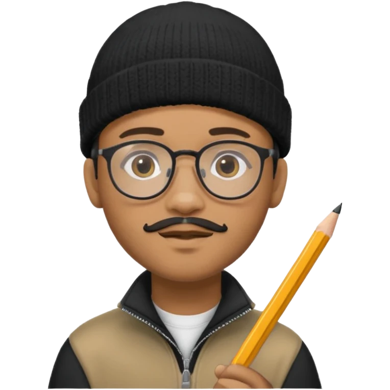 A creative young man with a pencil, glasses and a beanie. He holds a pen in his hand. He has a slight moustache and bit of a beard. He's a lightskin black man. He wears a black quarterzip jumper emoji
