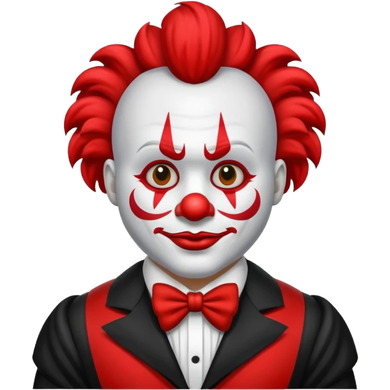 Crea un payaso que tenga toda la cara absolutamente toda la cara blanca, junto con la parte del pelo que sea blanco, pero que no tenga pelo con unos cuernos negros y que tengo un traje de payaso negro con rojo emoji