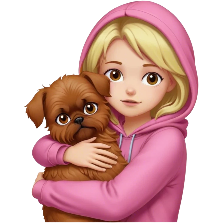 Girl with pink hoodie and brussels griffon hugging emoji
