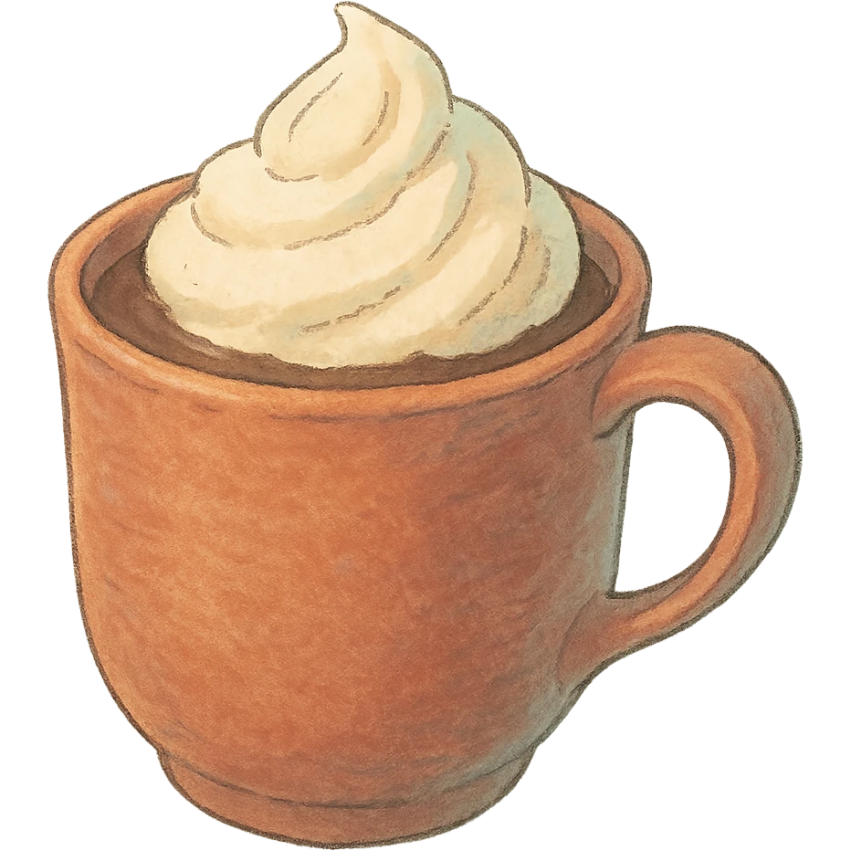 a cup of cocoa with whipped cream, Japanese soft pastel hand-drawn style, full object, transparent background emoji
