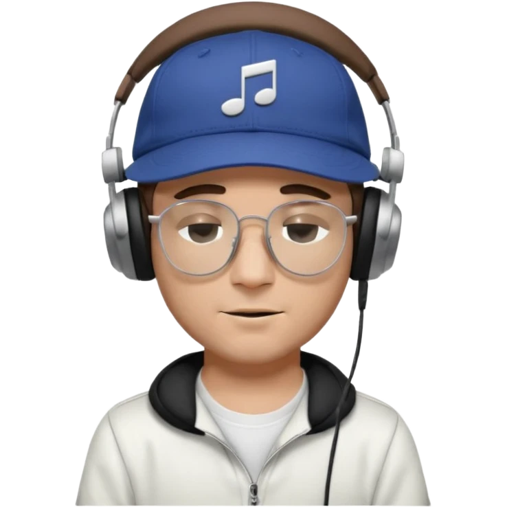 dj man white with baseball cap - rayban glasses - brown hair - closed eyes with headphones on with musical note over head (listening to music ) emoji