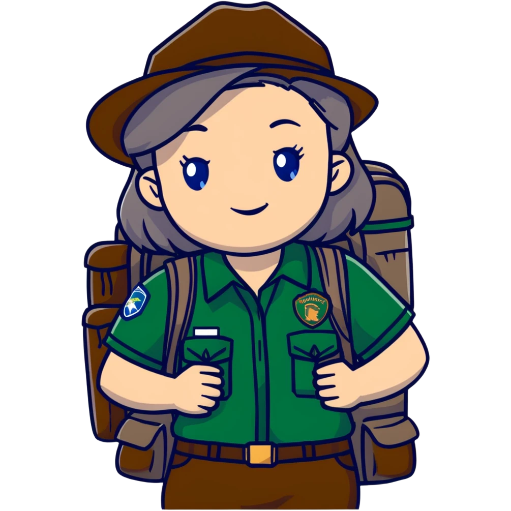 white woman park ranger with gray and brown hair, blue eyes, wearing a backpack emoji