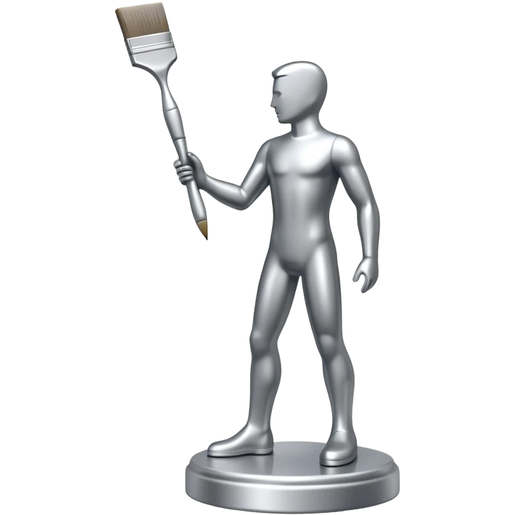 A paintbrush that transforms into a human metal silver silhouette sculpture emblem, symbol of artistic identity, with a highly polished silver metallic finish emoji