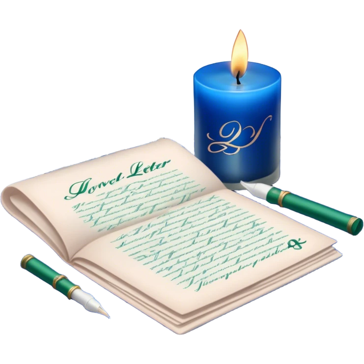 A nostalgic love letter with deep green handwriting, resting on lace fabric next to a glass candle in a royal blue hue. emoji
