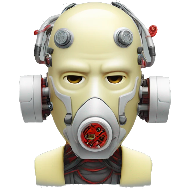 Pastel light yellow round male cyborg head with red respirator mask and circuits emoji