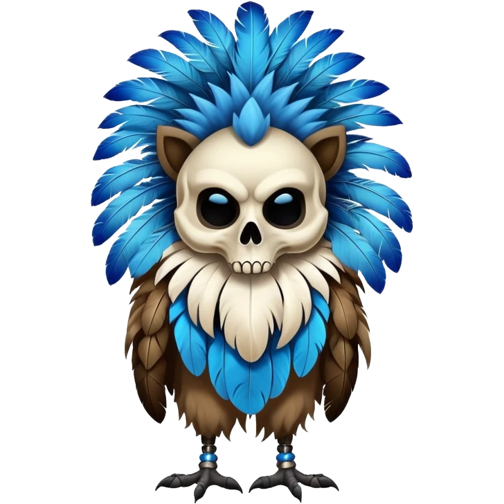 Furry Fakémon-Pokémon-animal-creature with a skull mask, and a feather-mane-collar, and blue feathers, (full body) emoji