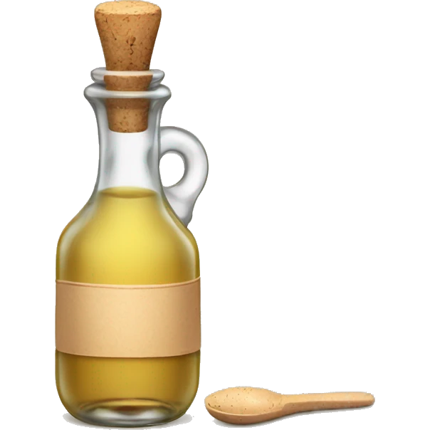 bottle of vinegar with the cork and a nozzle; spoon is laying neat the bottle emoji