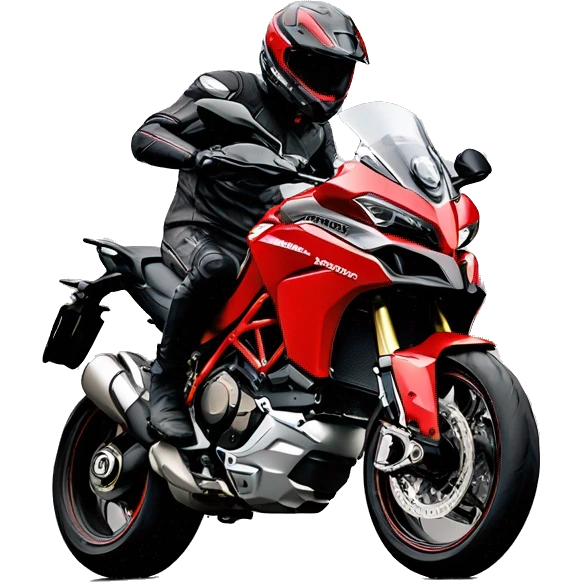 Bold man without beard on red Ducati Multistrada in wheelie position emoji