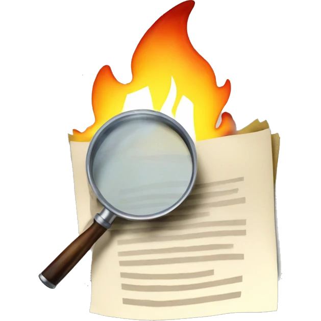 magnifying glass over some documents catching on fire emoji