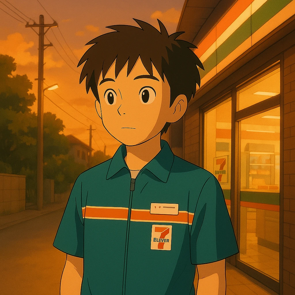 The same anime boy character from the reference image, wearing a 7/11 convenience store work uniform, standing in a gentle evening-lit scene, Studio Ghibli style, warm and inviting atmosphere. emoji