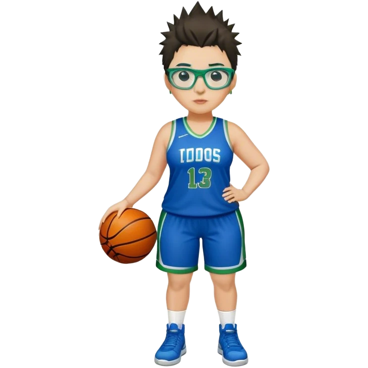 full body white plus size women basketball player with short spiky dark hair with added blond highlights wearing blue glasses wearing blue and green uniform emoji