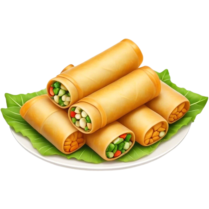 Cinematic Realistic Spring Rolls Dish Emoji, featuring golden, crispy rolls filled with fresh vegetables rendered with detailed textures and warm natural lighting. emoji
