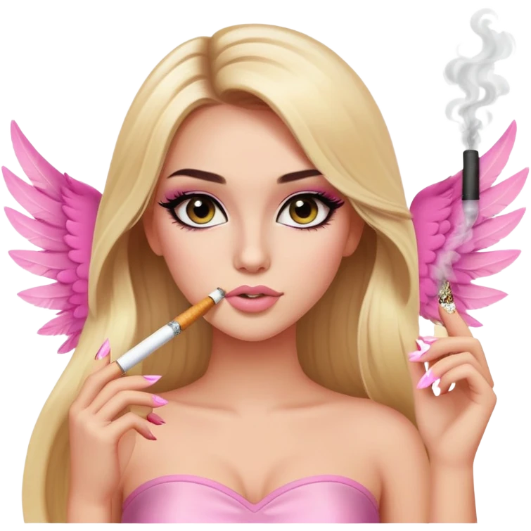 blonde long hair gorgeous girl with latina makeup holding a lit cigarette winged eyeliner big lashes light pink tube top emoji