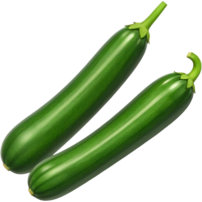 zucchini, whole, slight angle, slender, curved, dark green with light striations, stem end, glossy, 3D clean style, transparent background, optimized for emoji size emoji