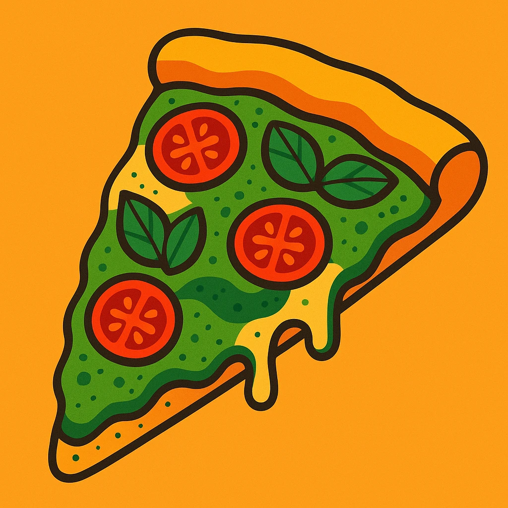 pesto pizza slice, vibrant illustration style, colorful, detailed emoji