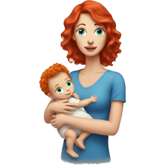 A woman with red hair and blue eyes holding a baby emoji