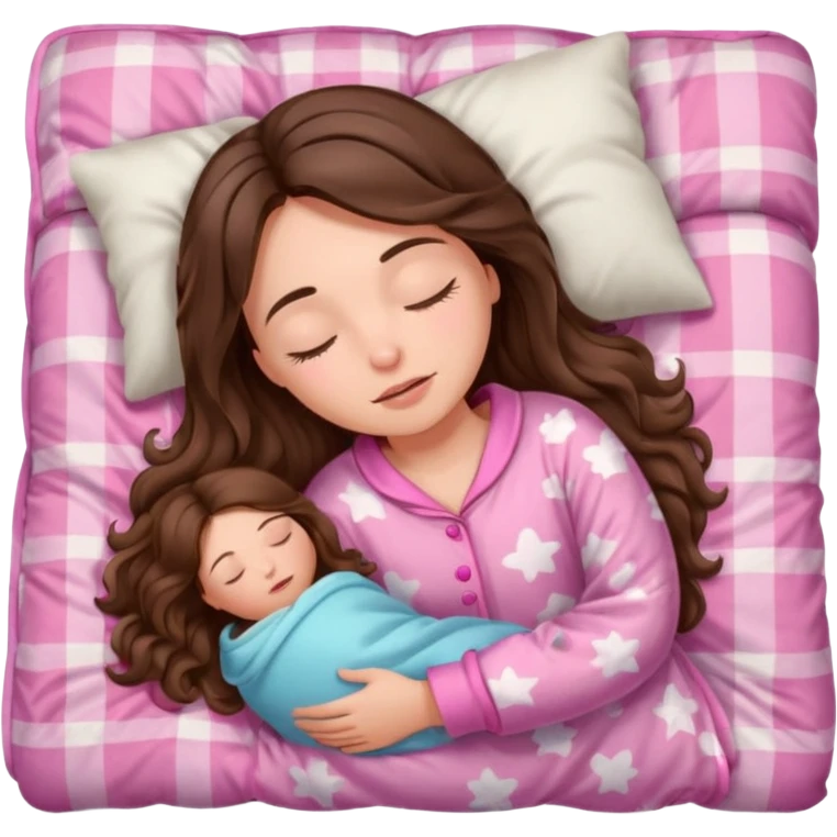 girl brunette inside a blanket sleeping  eyes closed with long  brown wavy hair and pink pjs emoji