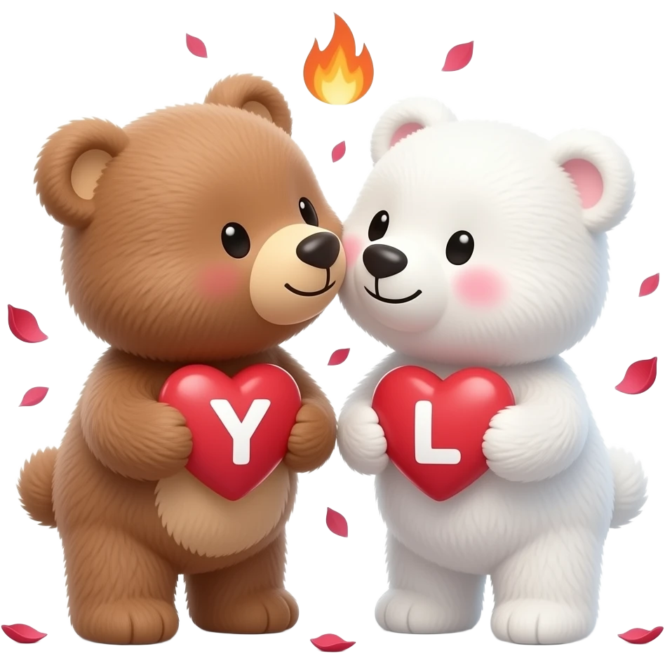 I want one light brown bear teddy kissing on cheek white bear teddy both holding heart , both a little furry, the  white bear blushes and smiles , add letter Y to the heart of the brown bear and letter L to the heart of the white bear , rose petals falling from sky , hearts on fire emoji