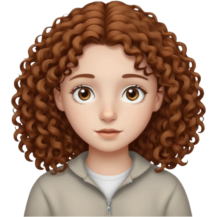 pale teen girl with light grey eyes and brown freckles that has curly hair in a middle part emoji