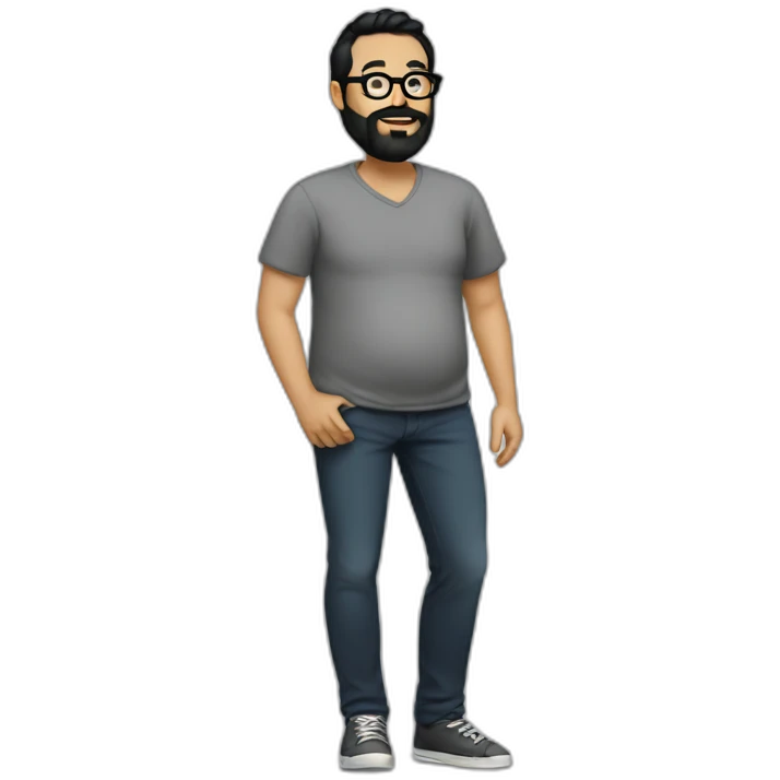 Full body pregnant man with black hair and black beard and glasses emoji