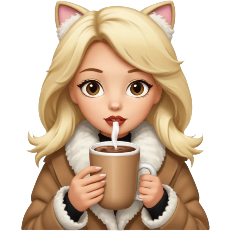 Tanned Girl with lashes , blonde hair, in an extremely big fluffy oversized coat and hold hot chocolate drink and big cat eyes, big lip emoji