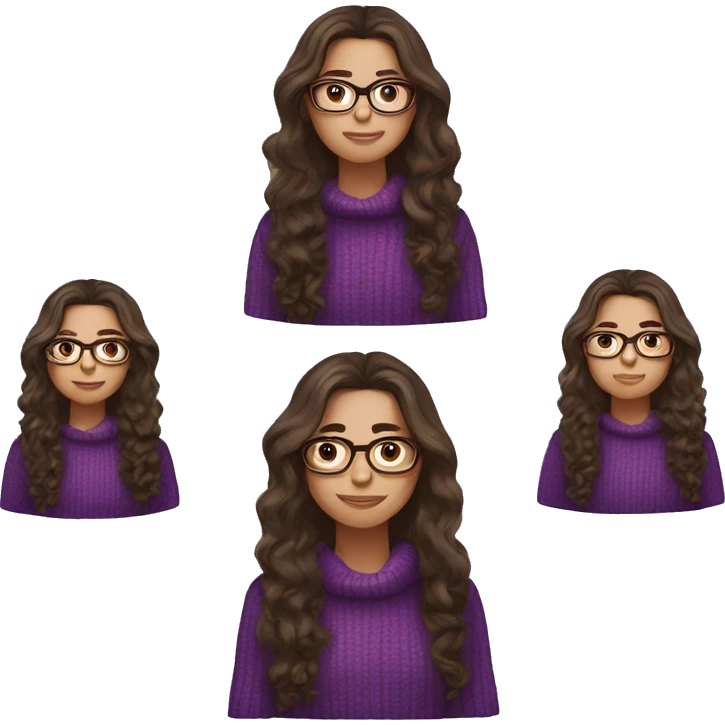 young girl, young hispanic, long brown hair, long curly brown hair, brown eyes, purple winter sweater, glasses emoji