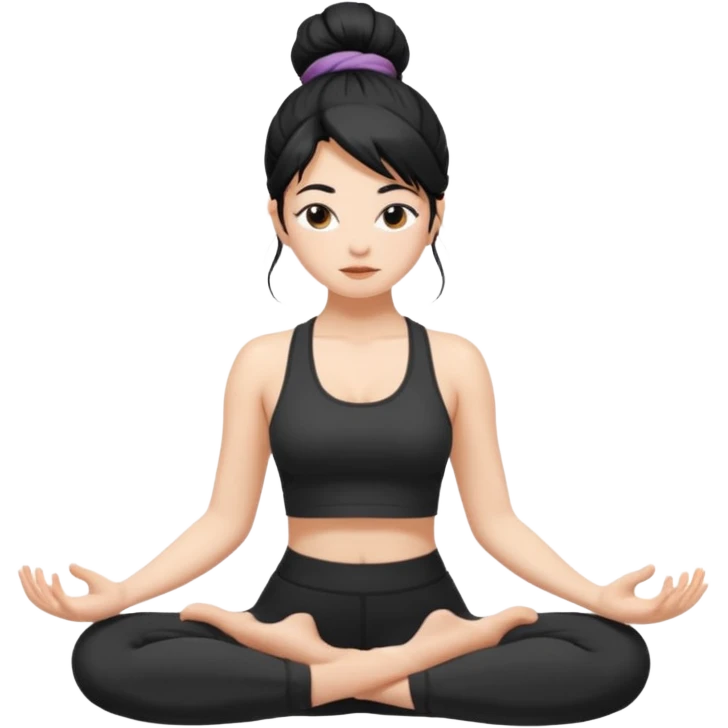 white girl with black long hair in a messy bun doing yoga emoji