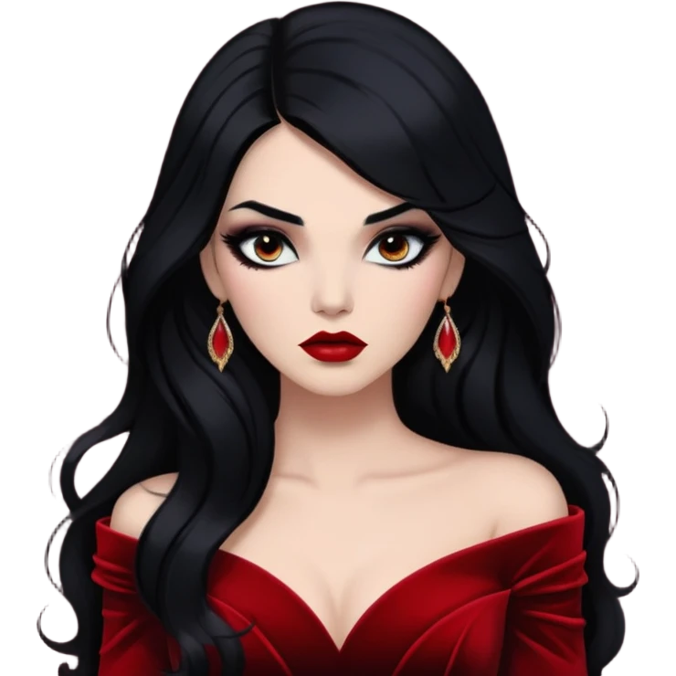 A half-body portrait of a woman with long, jet-black hair and a smoky eye makeup look. She's wearing a dramatic red velvet gown, her lips darkly painted, with a moody, dimly lit background that adds to her mysterious aura emoji