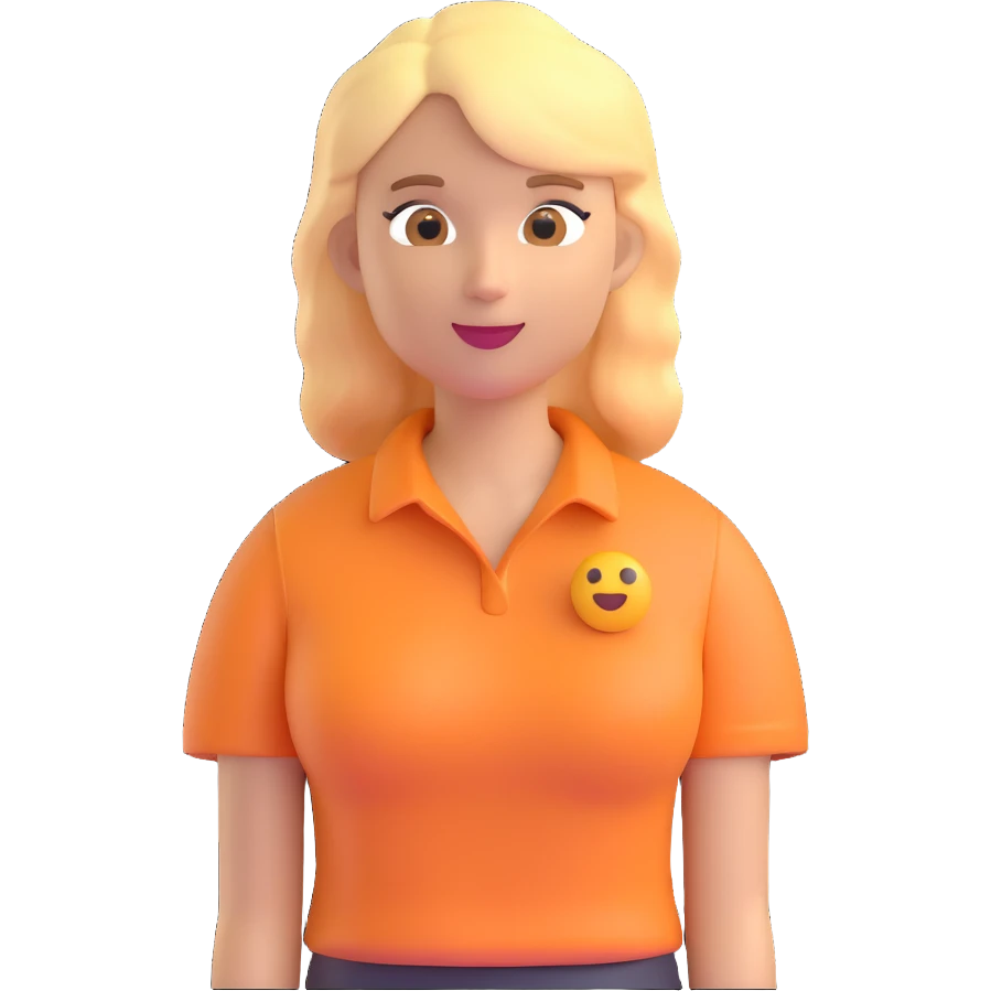 standing woman, blond hair, full body, wearing a pale orange shirt, emoji style emoji