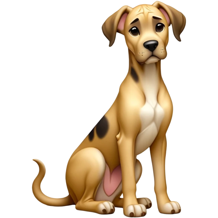 cinematic-[fawn great dane]-realistic-full-body-sitting-emoji,-tail-resting-loosely-beside-its-paws,-head-tilted-dramatically,-sleek-[fawn]-fur,-simplified-yet-realistic-focused-features,-highly-detailed,-glowing-with-an-almost-sarcastic-glow emoji
