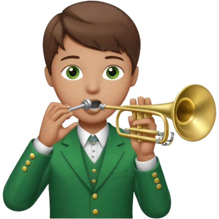young boy with brown hair, green eyes who plays a trumpet emoji