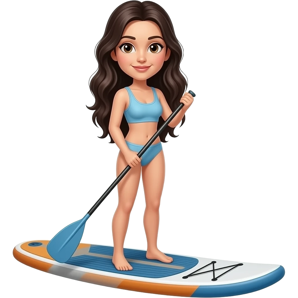 White woman with long dark hair on paddleboard emoji
