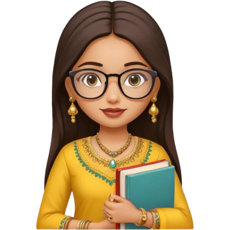 a pretty bratz fair indian girl wearing spectacles, jhumkas, kurti yellow, carrying books emoji