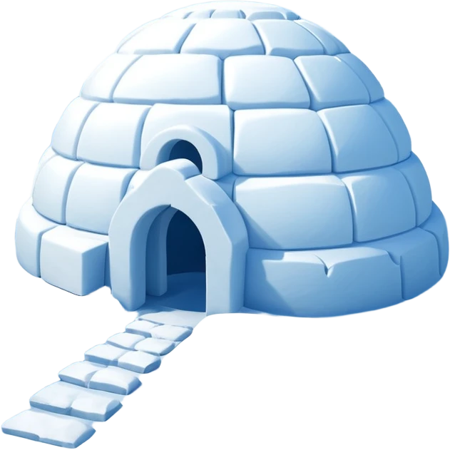 A traditional snow igloo on a vast snowy plain under a clear blue sky. Soft sunlight casts gentle shadows across the snow. The igloo has a small entrance tunnel and compacted snow blocks forming its dome. Realistic Arctic environment, calm winter feeling. Negative: Background transparent. emoji